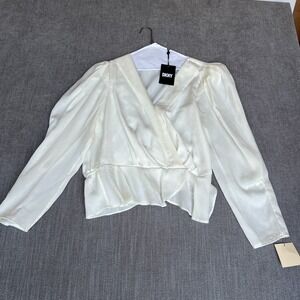 DKNY Peplum Top Womens M Ivory Long Sleeve Wrap V-Neck Puff Shoulder Minimalist